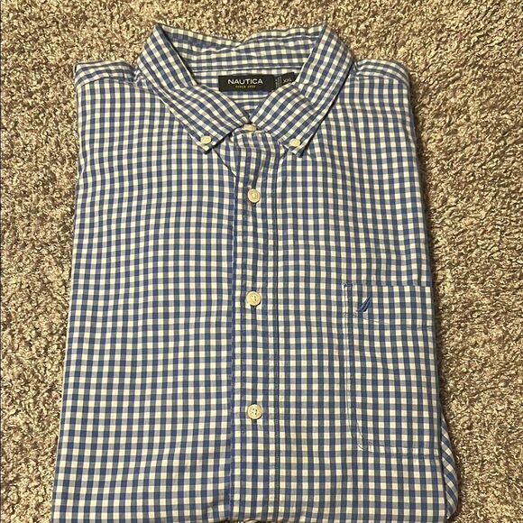 Nautica Blue and White Casual Button Down Shirt - Picture 1 of 5